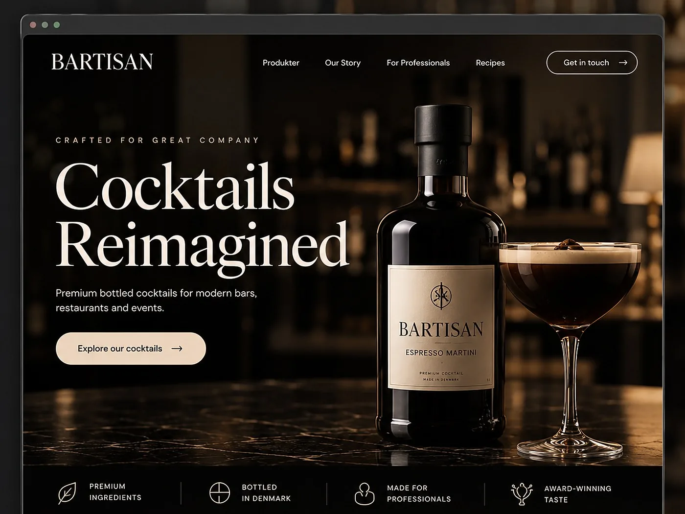 Forslag til ny forside for Bartisan: mørkt, billedbåret design med produktet i fokus og én tydelig handling