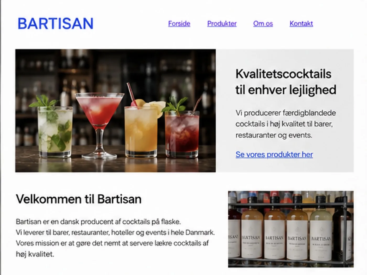 Bartisans nuværende forside: lys, tekstbaseret, med blå links og uden tydelig handling