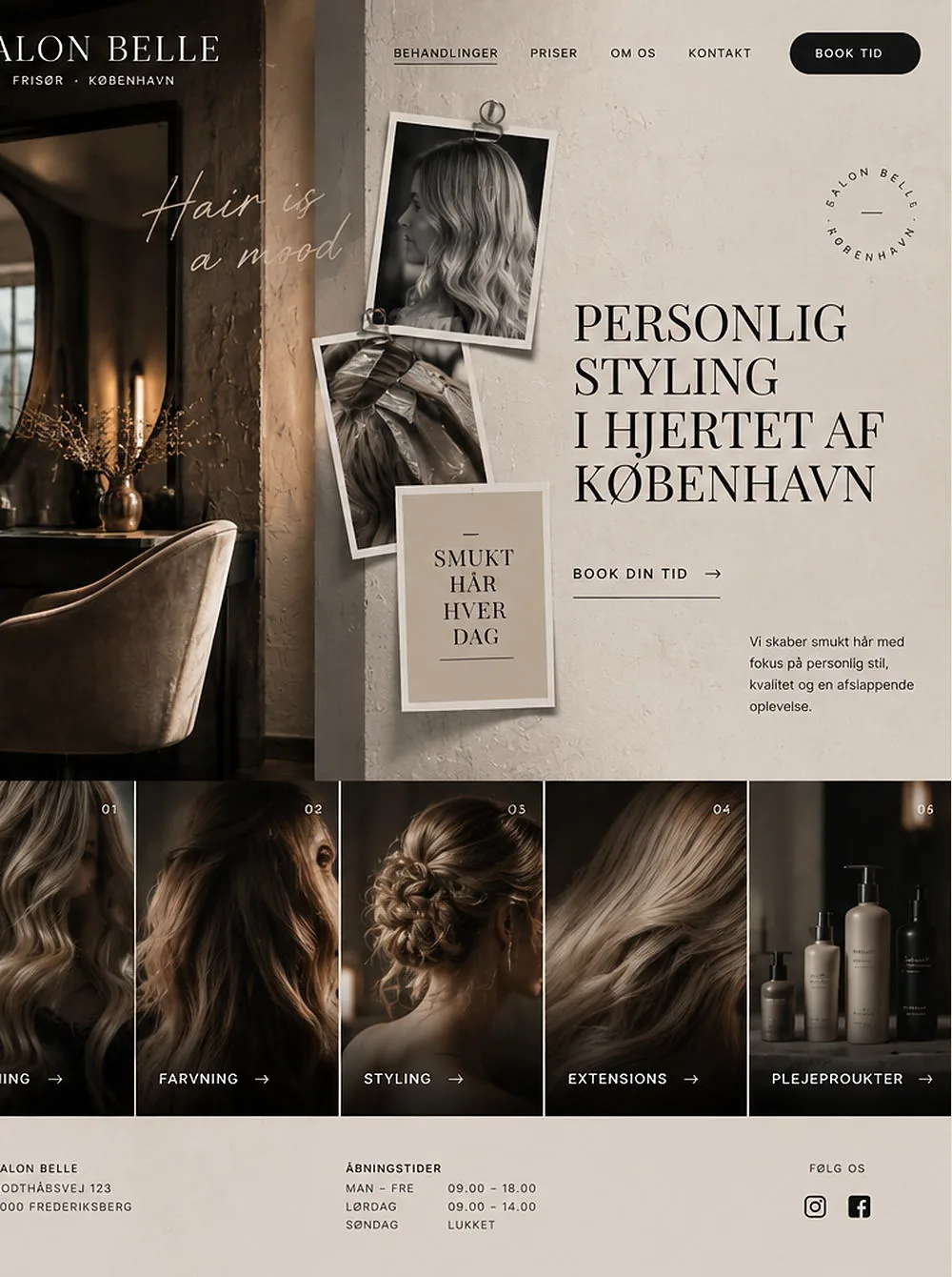 Salon Belle efter redesign: arbejdet får plads og book tid som eneste handling